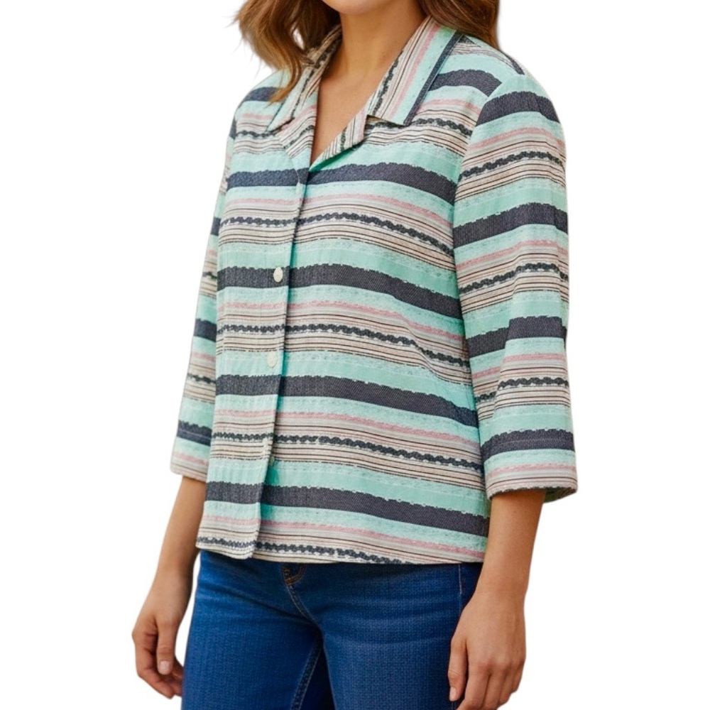 Vtg Koret Blazer Multicolor Jacket Texture Striped Button Front 3/4 Sleeve Sz XL